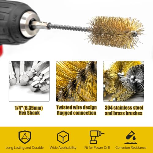 Image of 8 Pcs Bore Brush Set - 304 Stainless Steel & Brass Drill Wire | Bore Cleaning Brushes with 1 /4 inch Hex Shank for Power Drills Ports Tubes Bearings Cleaning Parts, 3 /8'' 1 /2'' 3 /4'' 7 /8''