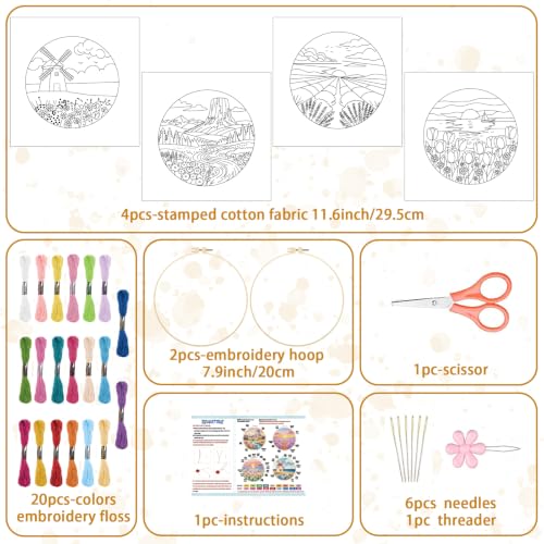 Image of BEUNITONE 4 Set Embroidery Kits for Beginners, Pink Scenery Design with Pre-Stamped Pattern Craft Kits Include Instruction and Hoops, 7.9 inchx7.9 inch Needlepoint Kits for Festival Gifts and Home Decor