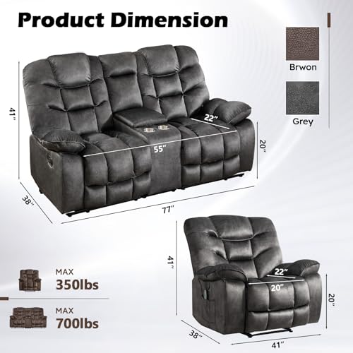 Image of HAOMARKETS 2-Piece Recliner Sofa Set, Include Single Power Recliner Chair with Massage & Heat and Manual 2-Seater Loveseat Reclining Couch with Hidden Storage and Cup Holders for Living Room, Grey