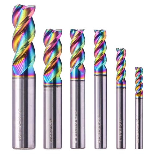 Image of 6Pcs 3 Flute 1 /8 inch-1 /2 inch Solid Carbide End Mill Set for Aluminum, DLC Coated | 1 /8 inch, 3 /16 inch, 1 /4 inch, 5 /16 inch, 3 /8 inch, 1 /2 inch, 45 Degree Helix, End Mill Bit Set, for Milling Aluminum and Copper