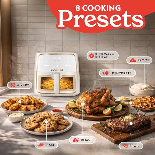 Image of Gourmia Air fryer with 8 litres, 8 preset settings with digital display, FryForce 360 technology, easily visible window and interior light, basket suitable for