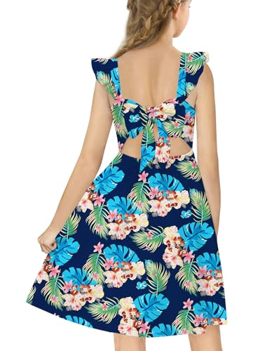 21KIDS Girls Summer Tie Back Dress Ruffle Sleeve Tropical Print Casual Midi Dress with Pockets for Girls 6-12 Years