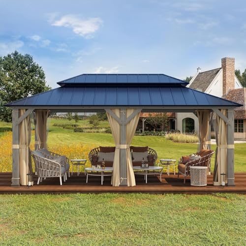 YOLENY 12' x 20' Outdoor Hardtop Gazebo, Cedar Wood Framed Gazebo with Powder Coated Metal Roof for Gardens, Patios, Lawns,Vintage Grey