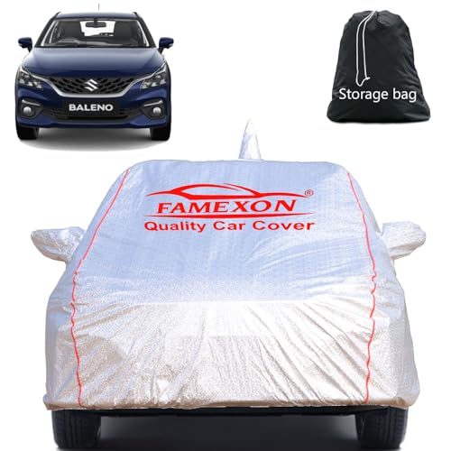Image of Full Body Car Cover for Maruti Suzuki Baleno with Mirror and Antena Pocket Triple Stiched(Silver with Red Piping)