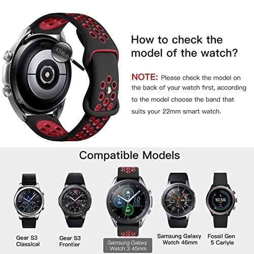 Rubinom Compatible For Samsung Watch 3 Bands 45Mm/Galaxy Watch Bands 46Mm/Gear S3 Frontier/Classic Watch, 22Mm Watch Band Quick Release Silicone Breathable Strap Wristband For Men, Black/Red, Large #TOP1