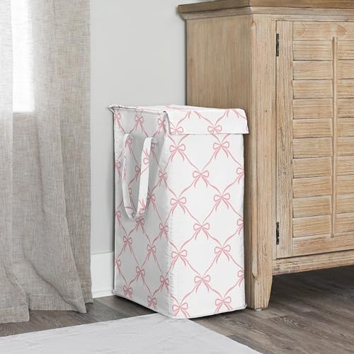 Image of Sweet Jojo Designs Laundry Hamper (Pink Bows) for Girls, Foldable Dirty Clothes Basket with Handles for Baby Nursery, Kids Bedroom, Teen Bathroom (Elegant Bow for Ballerina Dancer, Ballet Collection)