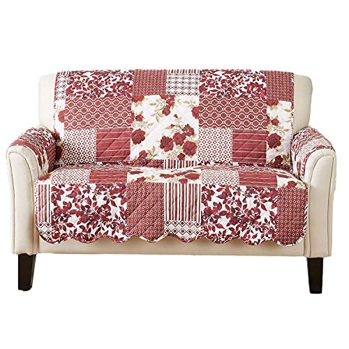 Image of Great Bay Home Reversible Patchwork Loveseat Cover - Washable Slipcover Furniture Protector with Elastic Straps - Perfect for Kids & Pets - Box-Stitched Detail (Burgundy)