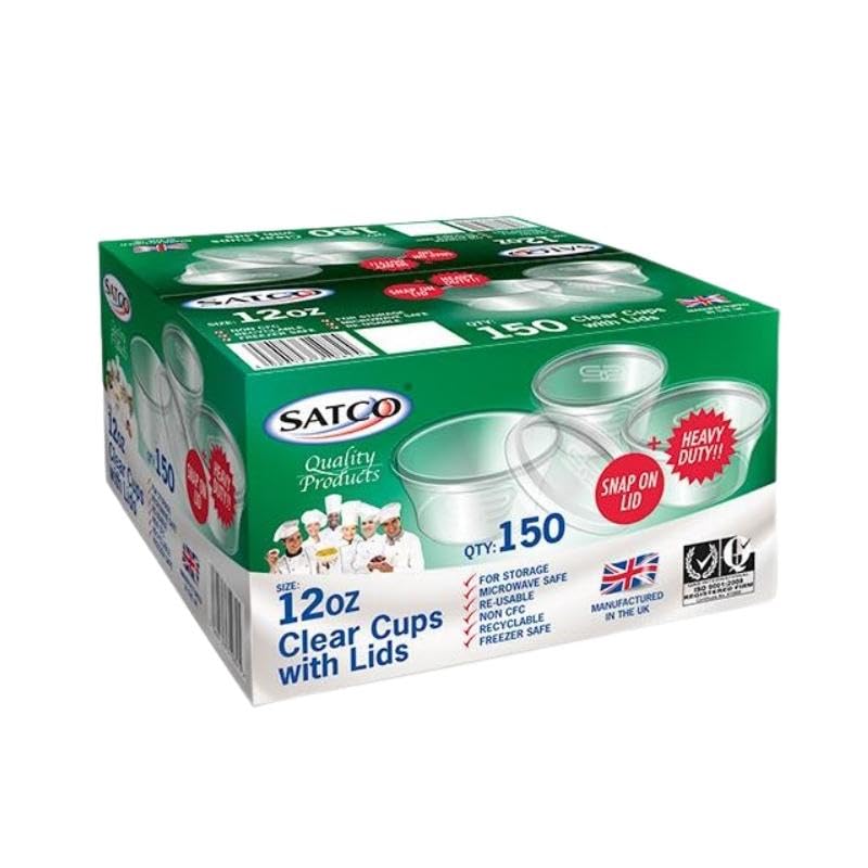 encase 25 Pack Satco Plastic Round Cups with Lids for Takeaway, Satco Food Containers, Leakproof, Plastic Cups for Storage, Sauces, Dips, Salads, Chutney, Restaurants, Catering (12)