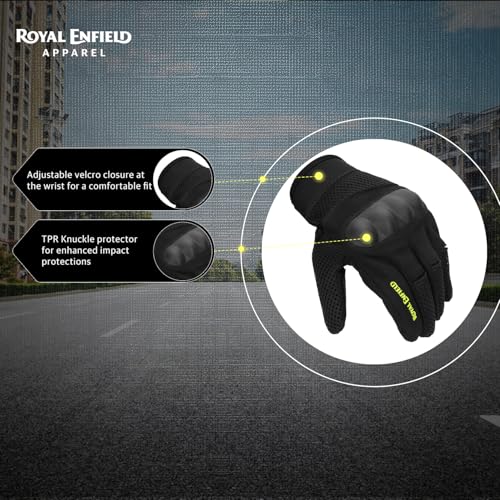 Image of Royal Enfield Aeroflex Riding Gloves | Construction: 100% Polyester Air Mesh, Poly Stretch Fabric & Microsuede | Impact Protection: TPR Knuckle Protectors | Airflow: Airmesh Panels| Black & NEON 2XL
