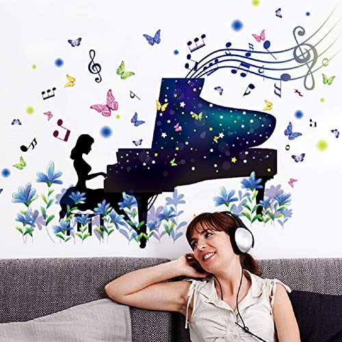 Sworna Nature Series Flower Butterfly Girl Piano Removable Vinyl Diy Wall Art Mural Sticker Decal Decor For Living Room/Bedroom/Playroom/Hallway/Kindergarten/Home Office/School 26" H X 37" W #TOP3