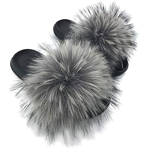MAGIMODAC Faux Fur Sliders Slippers Flat UK4-12 Fluffy Slip On Flip Flops Shoes for Women Ladies Grey Cover