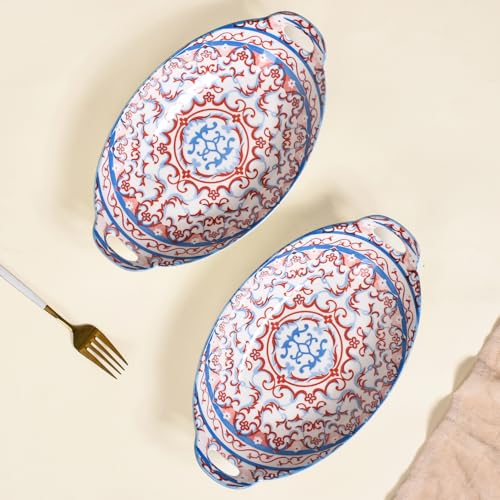 Image of Nestasia Set of 2 Red and Blue Mandala Design Ceramic Serving Dish with Handles for Snacks, Appetizers, Salads, and Noodles| Microwave Safe, Dishwasher Safe (10.8 Inch)