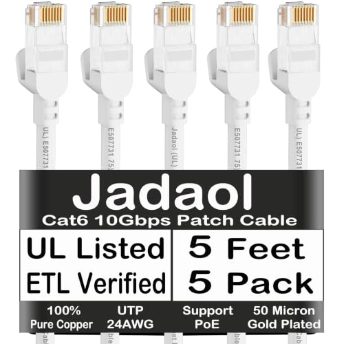 Jadaol [UL Listed] Cat 6 Ethernet Cable 5ft 5Pack 10Gbps 24AWG PoE++, White