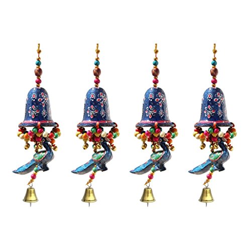Handicrafts Paradise Door Hanging Blue Painted Bell with Jhalar Blue Peacock with Metal Bell Set of 4