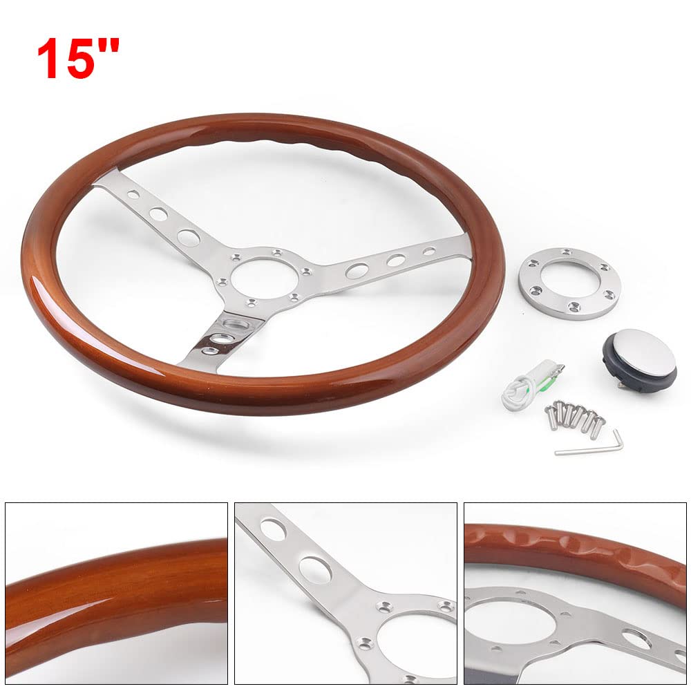 Volante da Corsa 15 pollici 380mm Volante Sport classico Sport in legno GRANELLO SIGLISSO Spazzolato Spazzolato Cromo Profondità del volante 55mm