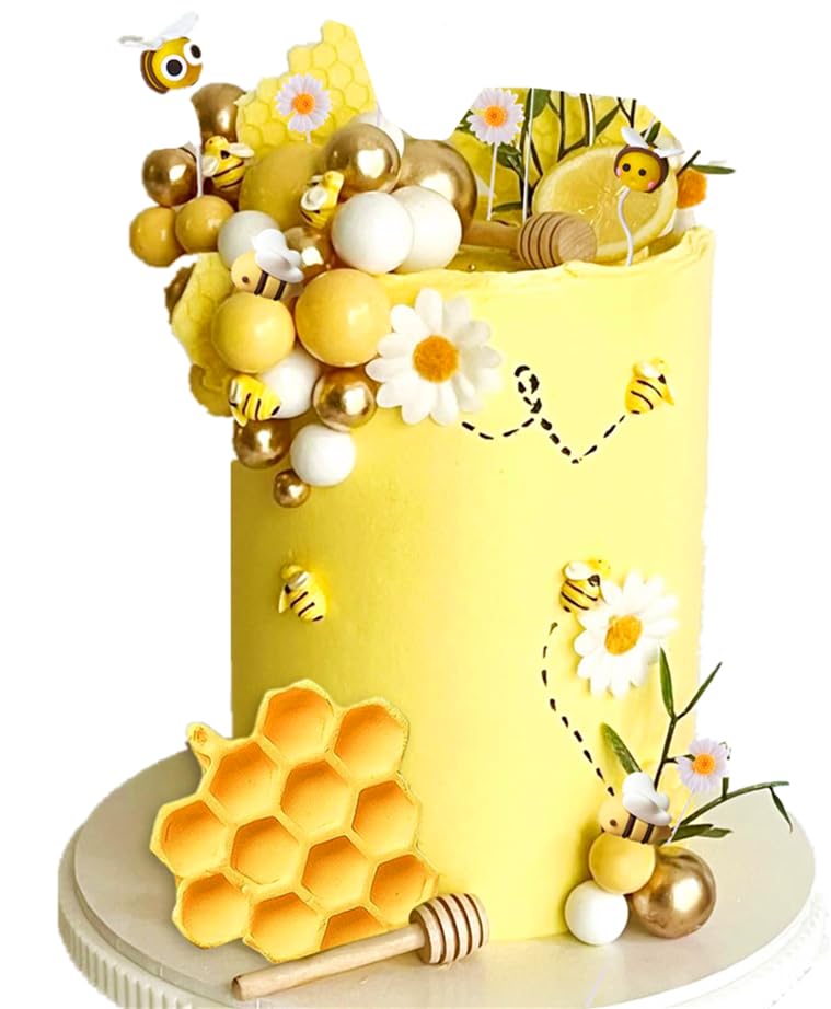 JeVenis Bee Cake Decorations Honey Comb Decorations Bee Cupcake Toppers Abejitas Para Decoracion Daisy Flower Cake Topper for Baby Shower Birthday Bridal Shower