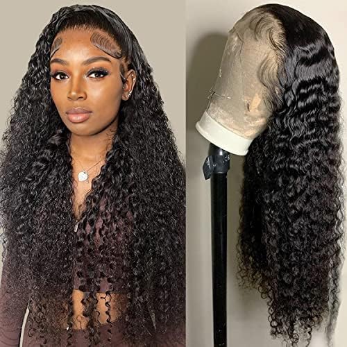 Deep Wave Lace Front Wigs Human Hair 13x4 HD Transparent Lace Frontal Curly Wigs for Women Human Hair 180% Density Glueless Wigs Human Hair Pre Plucked with Baby Hair Natural Color (26 Inch)