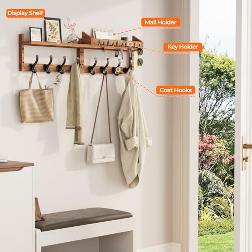 Image of Evermagin 35 inch Coat Rack Wall Mount with Shelf, 4 in 1 Wall Mounted Coat and Key Hanger with 13 Hooks, Entryway Key Holder with Mail Holder for Living Room, Bedroom