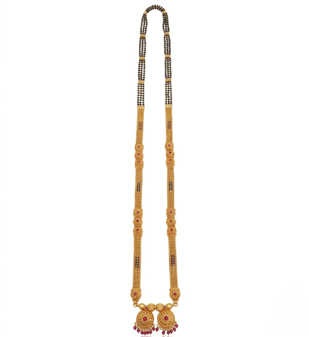 Long Bridal Patta Heavy Maharashtrian Vati Mangalsutra, Gold and Black Beads, Ruby Stone Pendant, 36 Inch-image-29