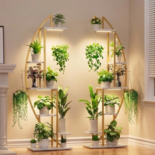 Image of BACEKOLL Plant Stand Indoor with Grow Lights, 6 Tiered Tall Plant Shelf, 63 inch Metal Plant Stand for Indoor Plants Multiple, Half-Moon Plant Rack Display Shelf, 2 Pcs Plant Holder for Living Room (Faux Marble White + Gold)