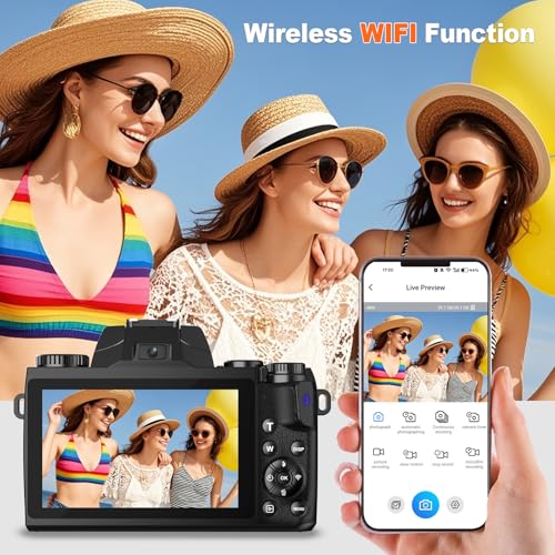 Image of 8K Digital Camera for Photography,64MP WiFi Dual-Lens Vlogging Camera for YouTube with 16X Digital Zoom,Flash,Touch Screen,32GB TF Card,Lens Hood,HDMI Output & 3000mAH Battery(Black)