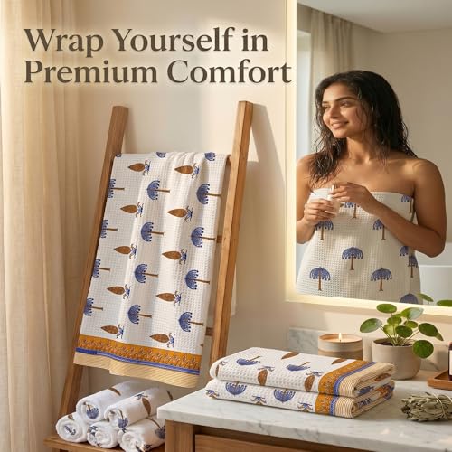 Image of Mafatlal Madhuban Waffle Cotton Set (1 Bath 147x76 cm + 2 Hand 76x38 cm) | 250 GSM | Lightweight, Quick Dry & Hand Printed | Almond Color