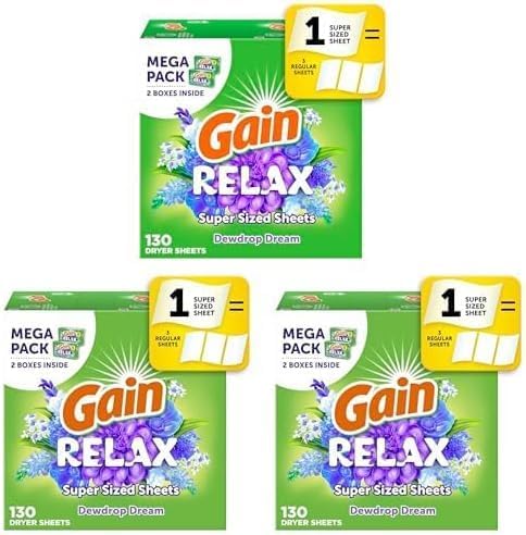 Gain Dryer Sheets Relax | Dewdrop Dream | Static Fighting | Super Sized | 130 Count, Pack of 3