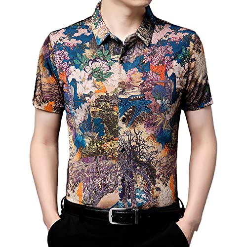 Chemise d'affaires manches courtes en soie glacée imprimé paysage bleu premium