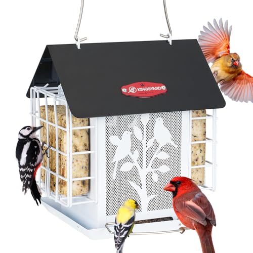 Kingsyard Metal Bird Feeder for Outdoor Hanging, Wild Bird Feeder with Double Suet Cage, Weatherproof Roof and 3 lbs Large Seed Capacity, White