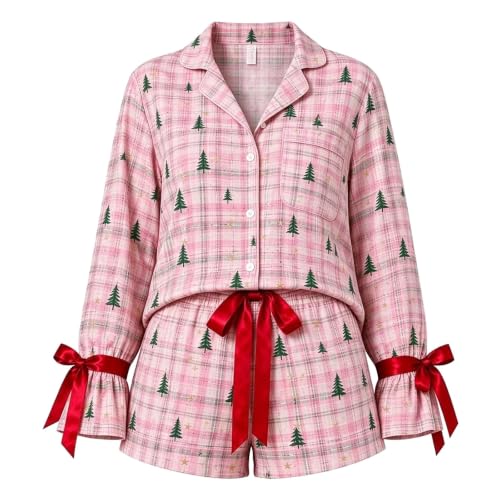 Womens Christmas Pajamas 2 Piece Tie Bow Button Top and Shorts Lounge Set - image 3