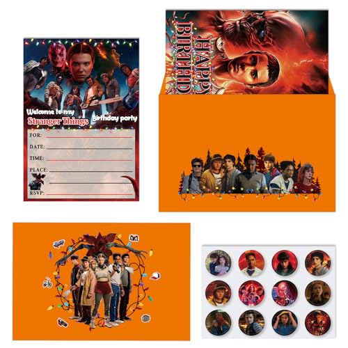Tsalei 36 Pcs Horror Theme Birthday Invitations Stranger 5 Movie Birthday Party Invitations Includes 12 invitation cards 12 envelopes and 12 stickers.