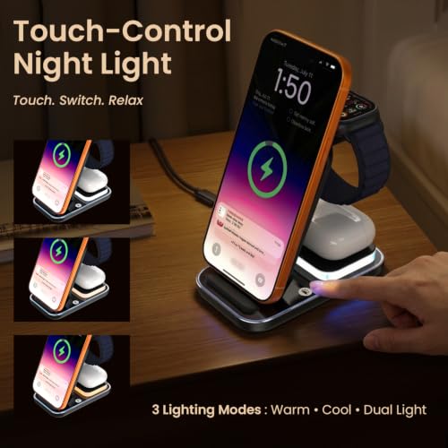 Image of Portronics TriCharge Ultra 3-in-1 Wireless Charger for iPhone, Android, Smartwatch & Earbuds, 15W Qi Fast Charging, Sliding Height Adjustment, Touch Control Light, Type-C Connectivity, (Black)