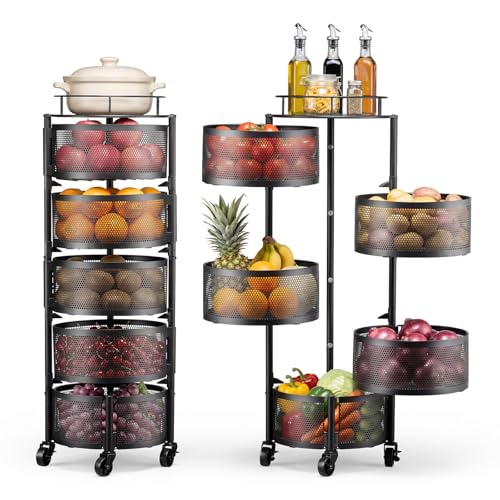 VEVOR Chariot de Rangement 5 Niveaux, Resserre à Paniers Rotatifs sur Roues, pour Fruits et Légumes Cuisine Salon Sallle de Bain, Desserte à roulettes en...
