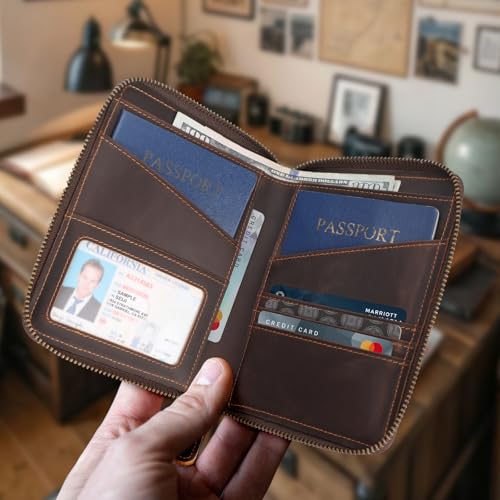 Polare Full Grain Leather Dual Passport Wallet and RFID Blocking Bifold Passport Cover Travel Document Organizer Holder 2 Passports (Dark Brown)2