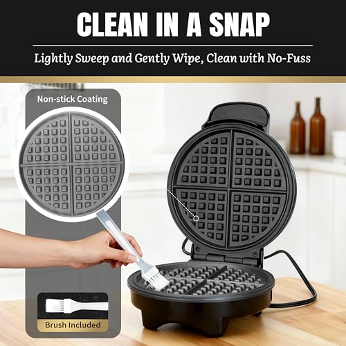 Image of FineMade 7 Inches Round Classic Waffle Maker Machine, Mini Waffle Maker, Non-stick Waffle Irons, Thin Waffle Maker Crispy, Black