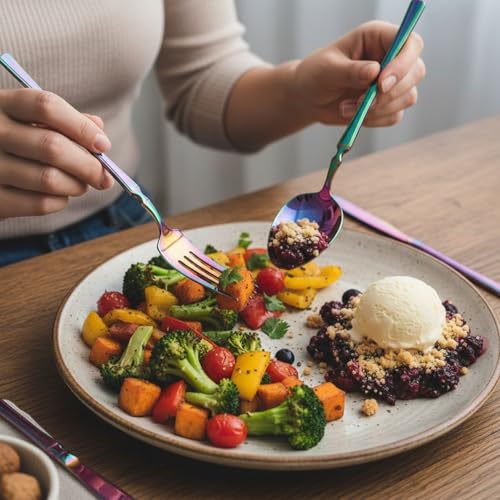 Image of 25 Pcs Rainbow Cutlery Set for Dining Table the Perfect Lightweight Silim Handle Tableware Including Dinner Spoon, Dinner Fork, Dinner Knife, Dessert Spoon & Dessert Fork