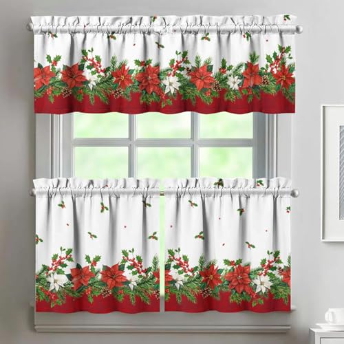 qwpmvhsak Christmas Kitchen Curtains and Valances Set of 3,Poinsettia Holly