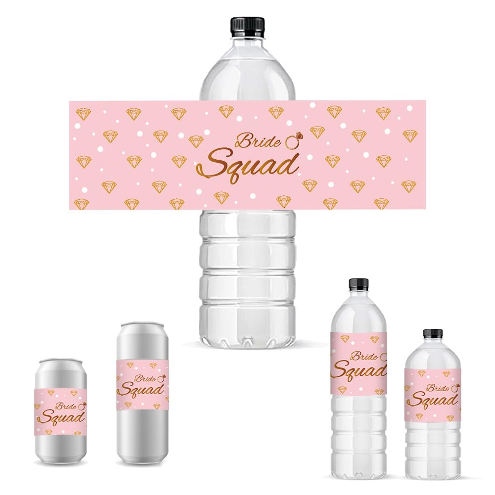 PH PandaHall 30pcs Wedding Water Bottle Labels Bride Squad Bottle Wraps Pink Diamond Adhesive Stickers Wine Champagne Bottle Cover Tags for Wedding Bridal Shower Bachelorette Party 8.5x2.5inch