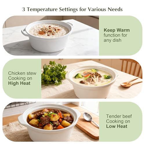 Image of 4.0 Quart Slow Cooker with Ceramic Nonstick Coating, 3 Heat Settings, Cool Touch Handles, Safe Tempered Glass Lid, Dishwasher Safe for Easy Cleanup, Ivory White
