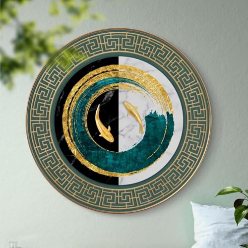 Image of Round Wall Art with Golden Koi Fish, Teal and Gold Abstract Painting, Greek Key Border Design, Marble Effect Decorative Plate