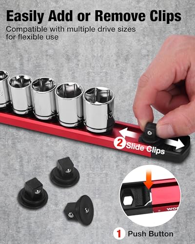 Image of WORKPRO Magnetic Socket Organizer, 3 /8 inch Drive Aluminum Alloy Socket Holder with 10PC Removable Clips for Quick Customization, Sockets Rail for Tool Box Drawer (Sockets Not Included)
