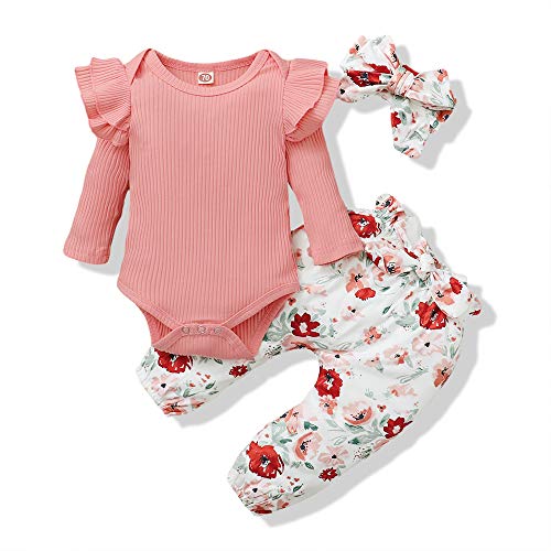 Newborn Baby Girls Clothes Ruffled Pink Bodysuit Onesies Tops Flower Pants Bow Hairband Fall Outfits for Toddler Girls