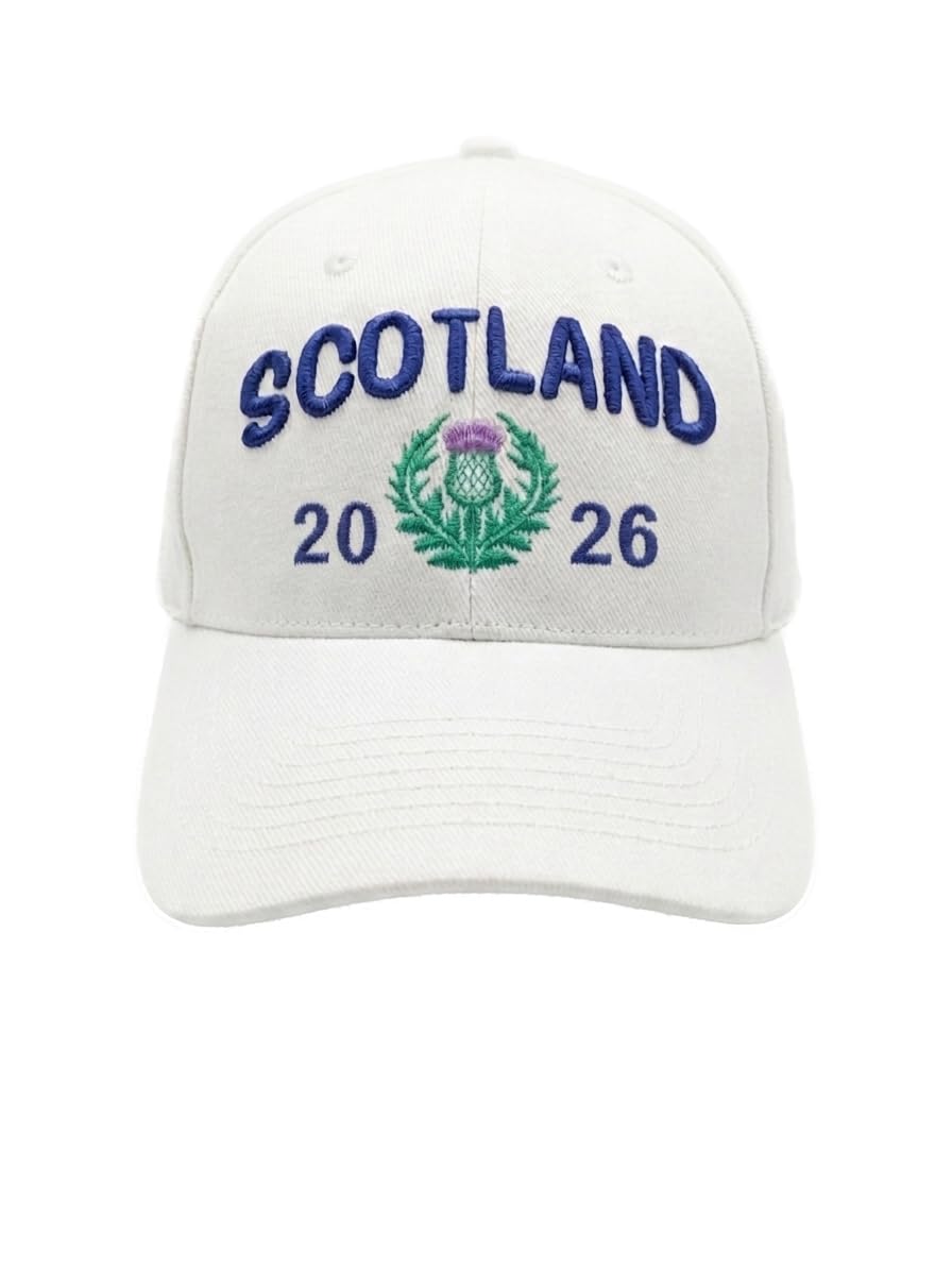 Scotland 2026 Embroidered Thistle Baseball Cap, Navy and White, Cotton, 3D Foam Embroidery, World Cup Hat, One Size (White)