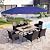 PHI VILLA 7 Piece Outdoor Dining Set with Umbrella, Rectangular Wood Top Metal Dining Table & Cushioned Wicker Chairs & 13ft Large Blue Umbrella for Patio, Deck, Yard