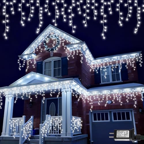 QITONG Icicle Lights for Outside 66ft 800 LED String Lights Plug in with 8 Modes Connectable White Icicle Christmas Light Clear Wire Indoor