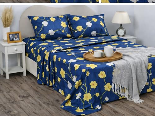 Image of BSB HOME 2 Bedsheet Combo Set with 4 Pillow Covers - Premium Cotton Glace Cotton Microfiber Printed Double Bedsheets, 2 Elegant Colors, Soft Breathable Luxury Bedding Set - Blue and Yellow