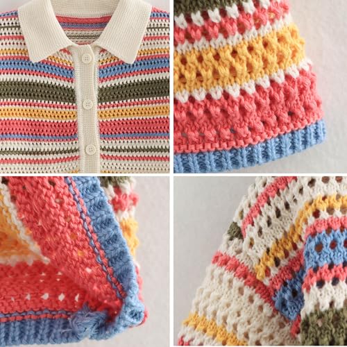 Chevara Women’s Striped Crochet Sweater Cardigan Short Sleeves Polo Collared Sweater Tops4