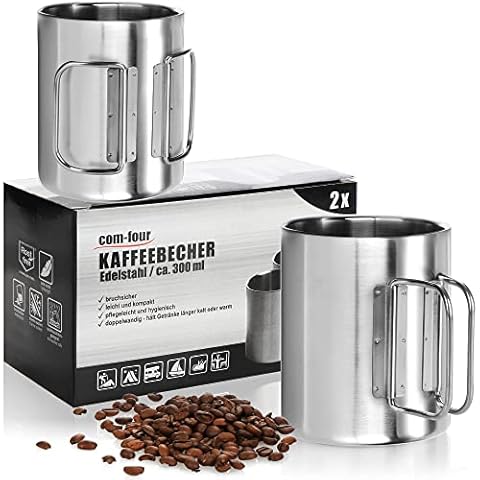 com-four® Tazas de Café de Acero Inoxidable - 300 ml por Taza - Taza Térmica de Acero Inoxidable 304 con Asa Plegable - Sin BPA (Plata - 300ml - 2 Piezas) Cover