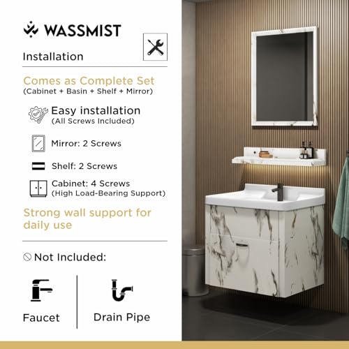 Image of WASSMIST Bathroom Vanity Washbasin Cabinet with Mirror & Shelf | Wall Mounted Wash Basin with Cabinet Full Set | Waterproof & Unbreakable (White)
