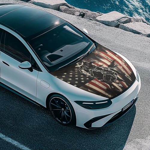 Image of American Flag Cowboy Design Car Hood Cover Protector Stretchable Car Hood Wraps Auto Banner Auto Decorative Accessories for Compact Sedans SUV Trucks (59x39 Inch)